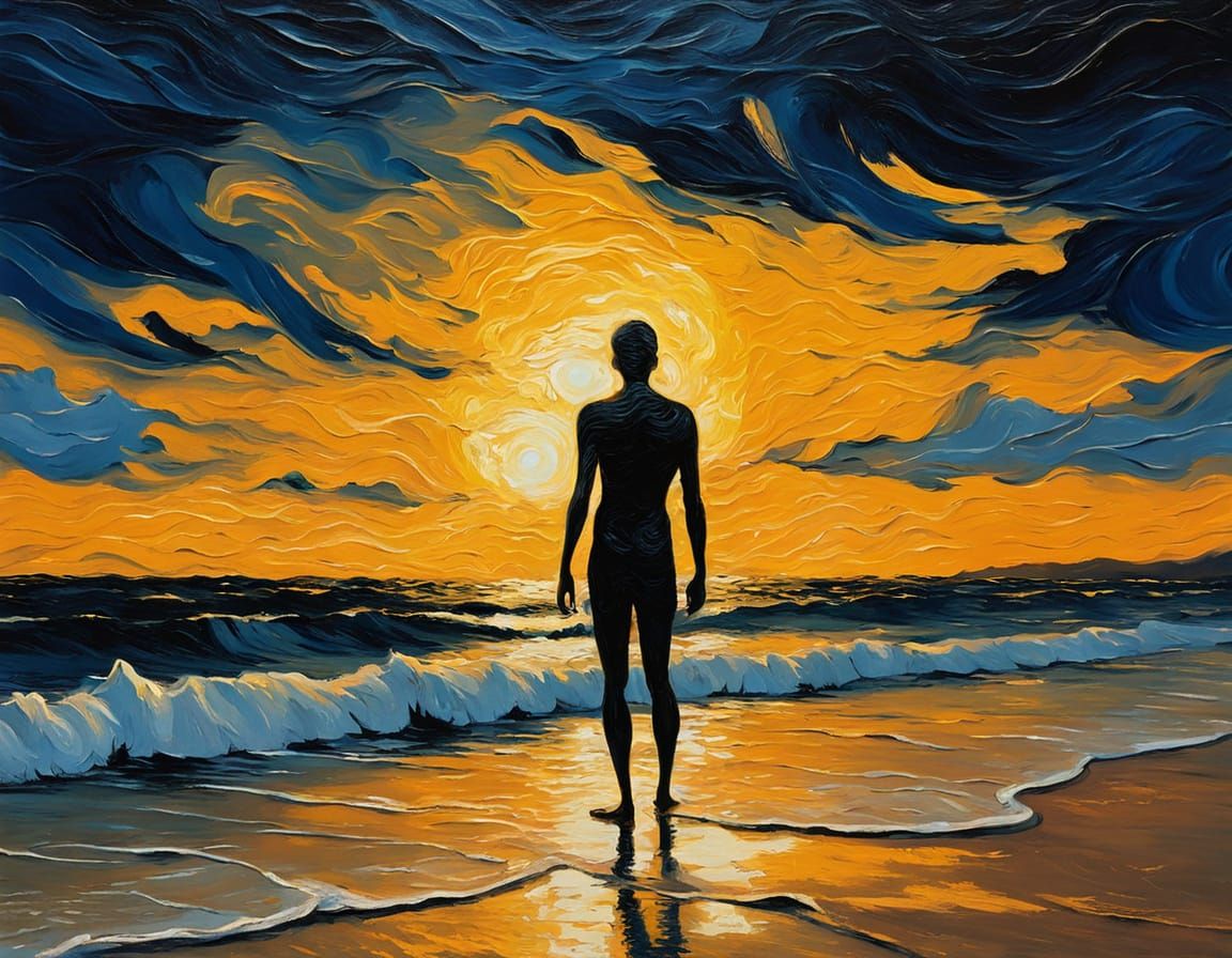 Expressionist Oil Painting of Lonely Figure on Beach at Suns...