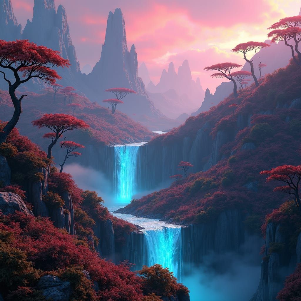 Eerie Alien Landscape with Glowing Forests in 8K