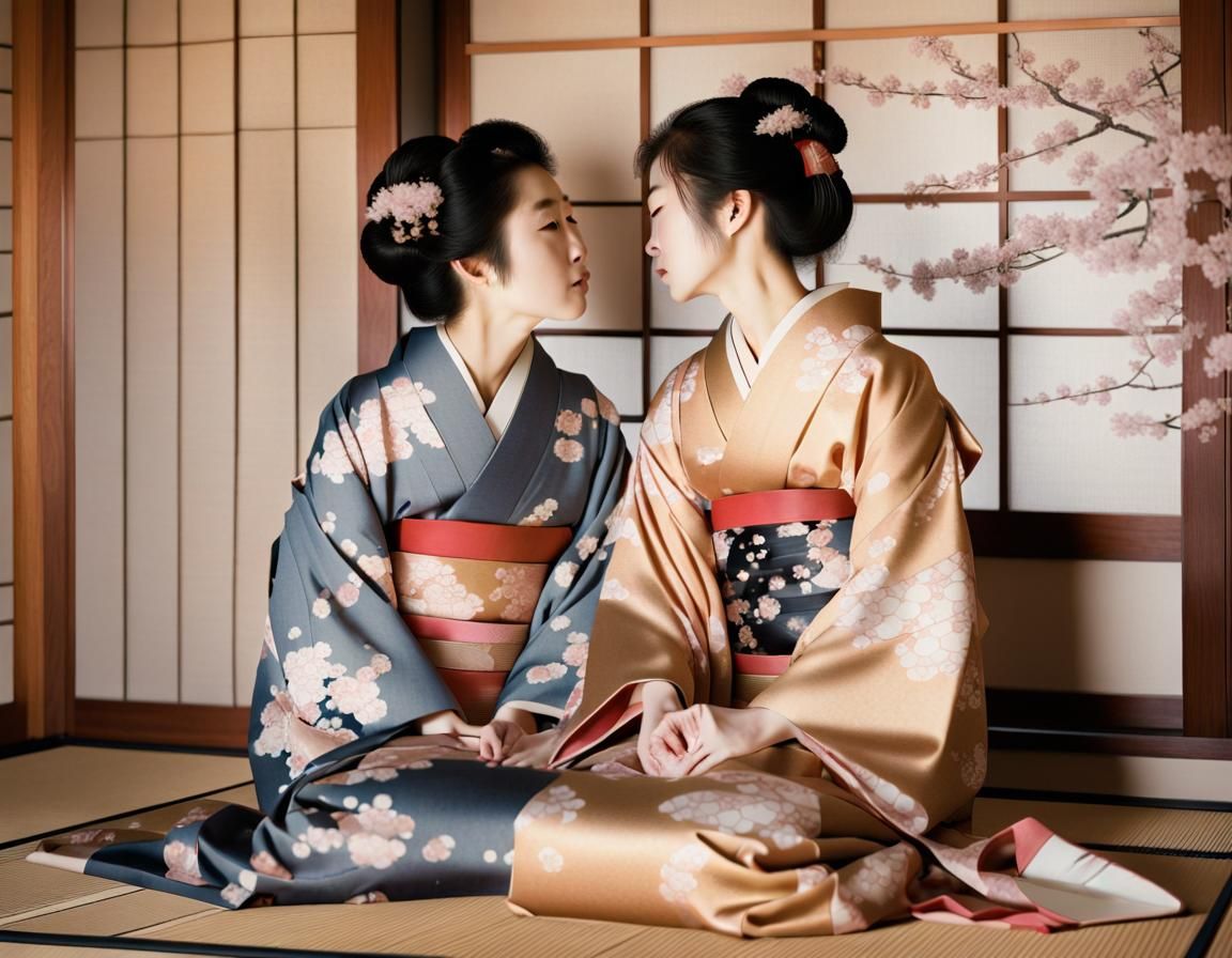 two asian women kissing while sitting in a traditional japan...