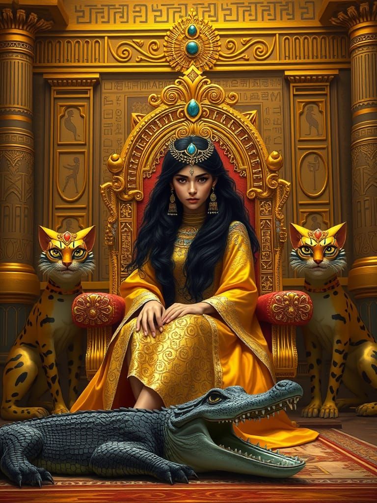 Princess in Egyptian Palace with Wild Cats