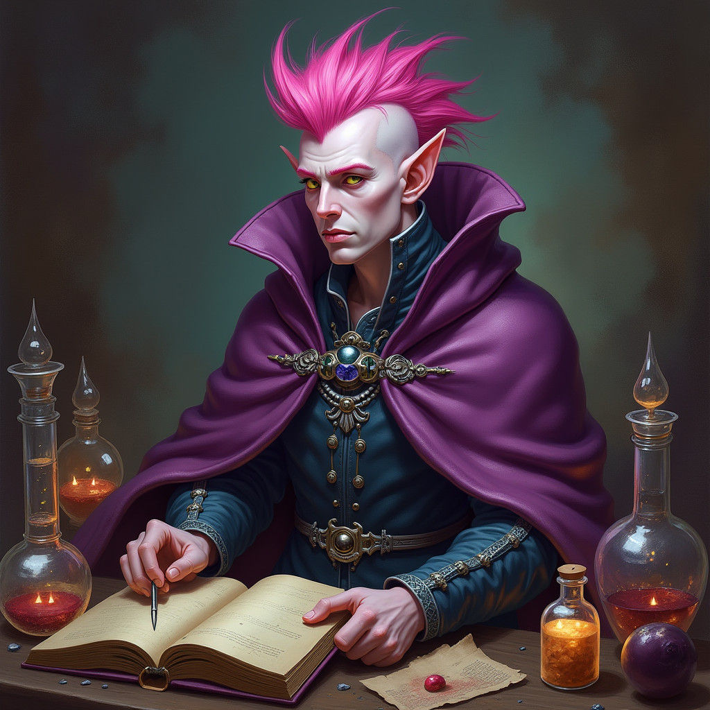 Half-Elf Alchemist with Pink Mohawk in Dreamlike Style
