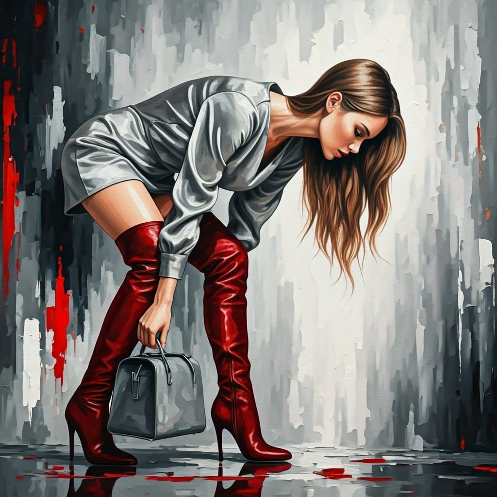 Woman Picking Up Handbag as Impasto Painting