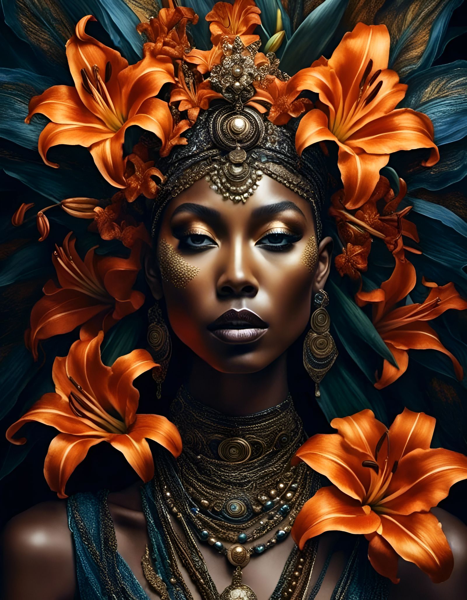 African-American Lily Goddess Portrait in Mixed Media