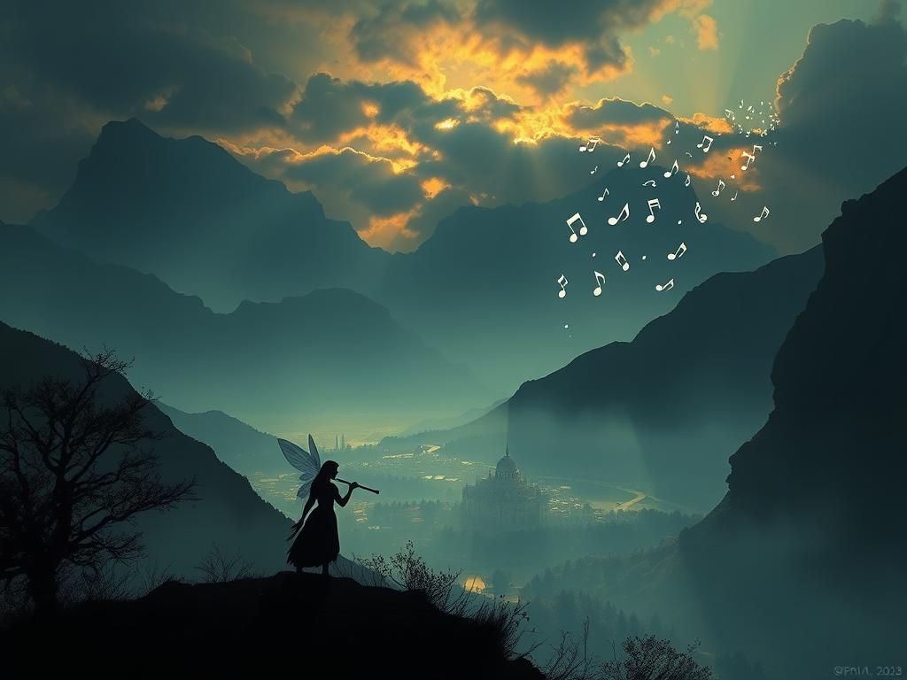 Enchanting Fairy Flute Silhouette, Hyperdetailed Concept Art