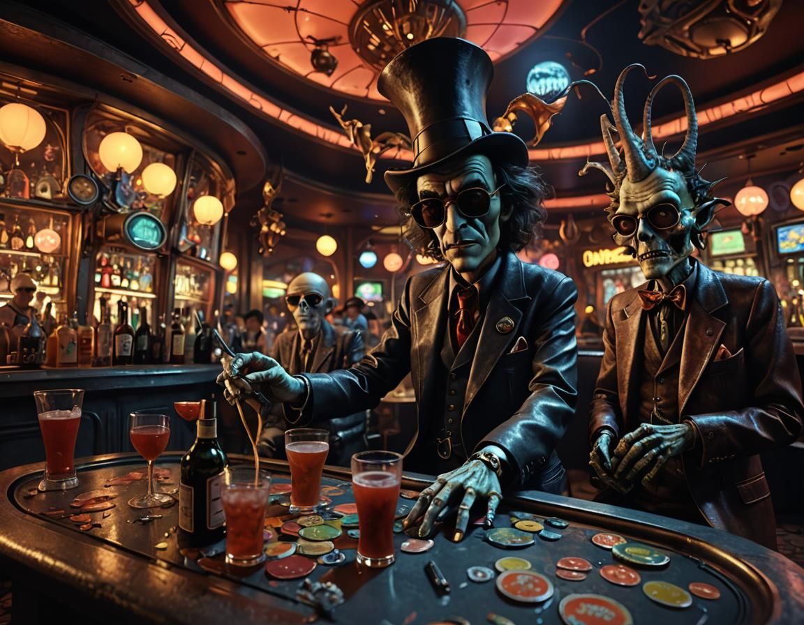 Monstrous Bar Scene in Burton-esque Dali-Giger Style