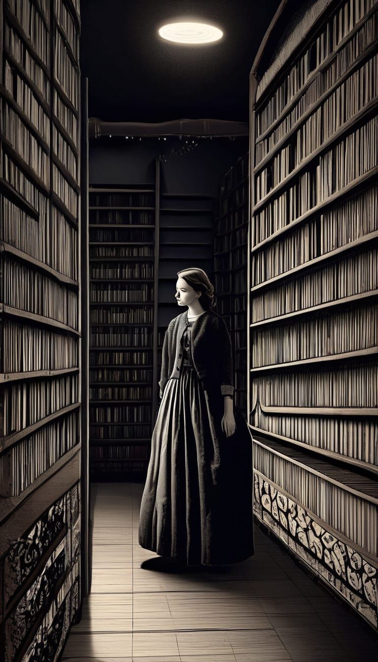 Woman Browsing Records in Vintage Engraving Style