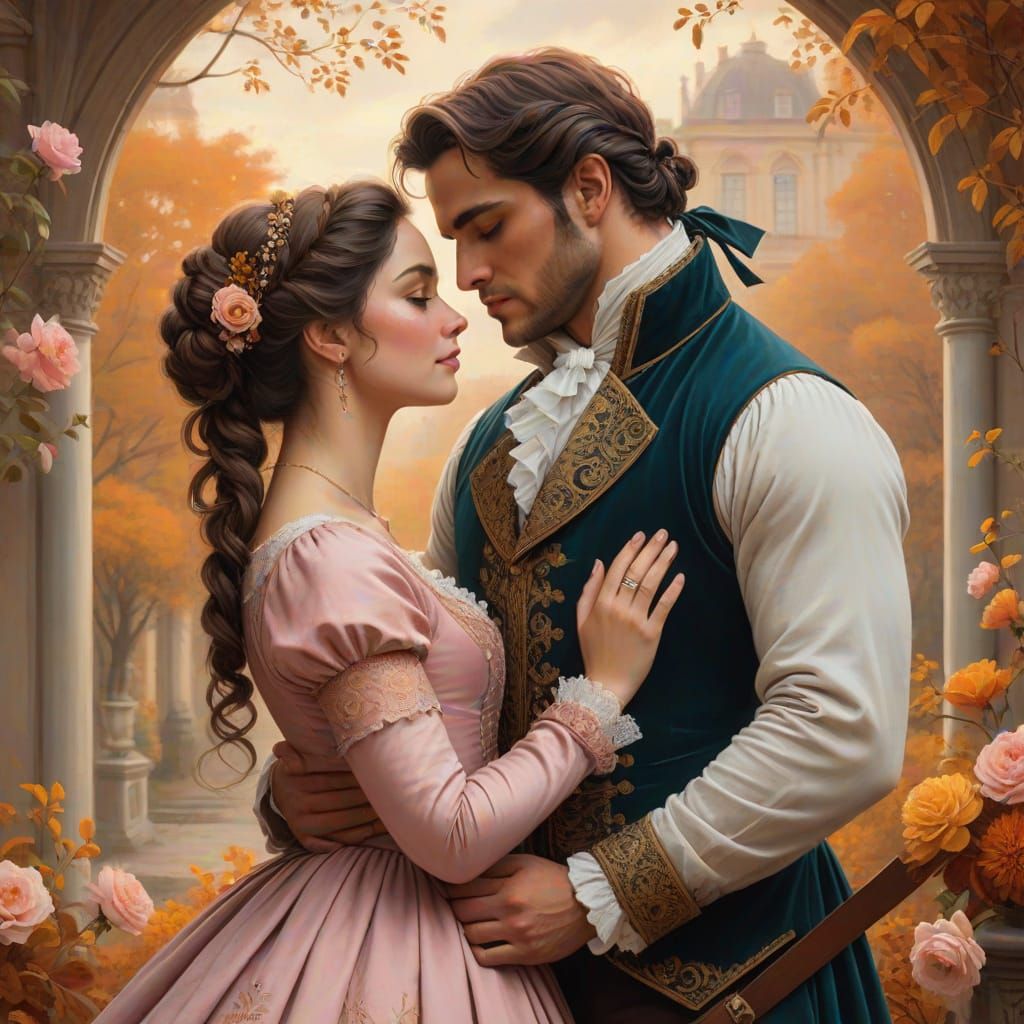 Regency Couple in Autumnal Embrace, Storybook Style