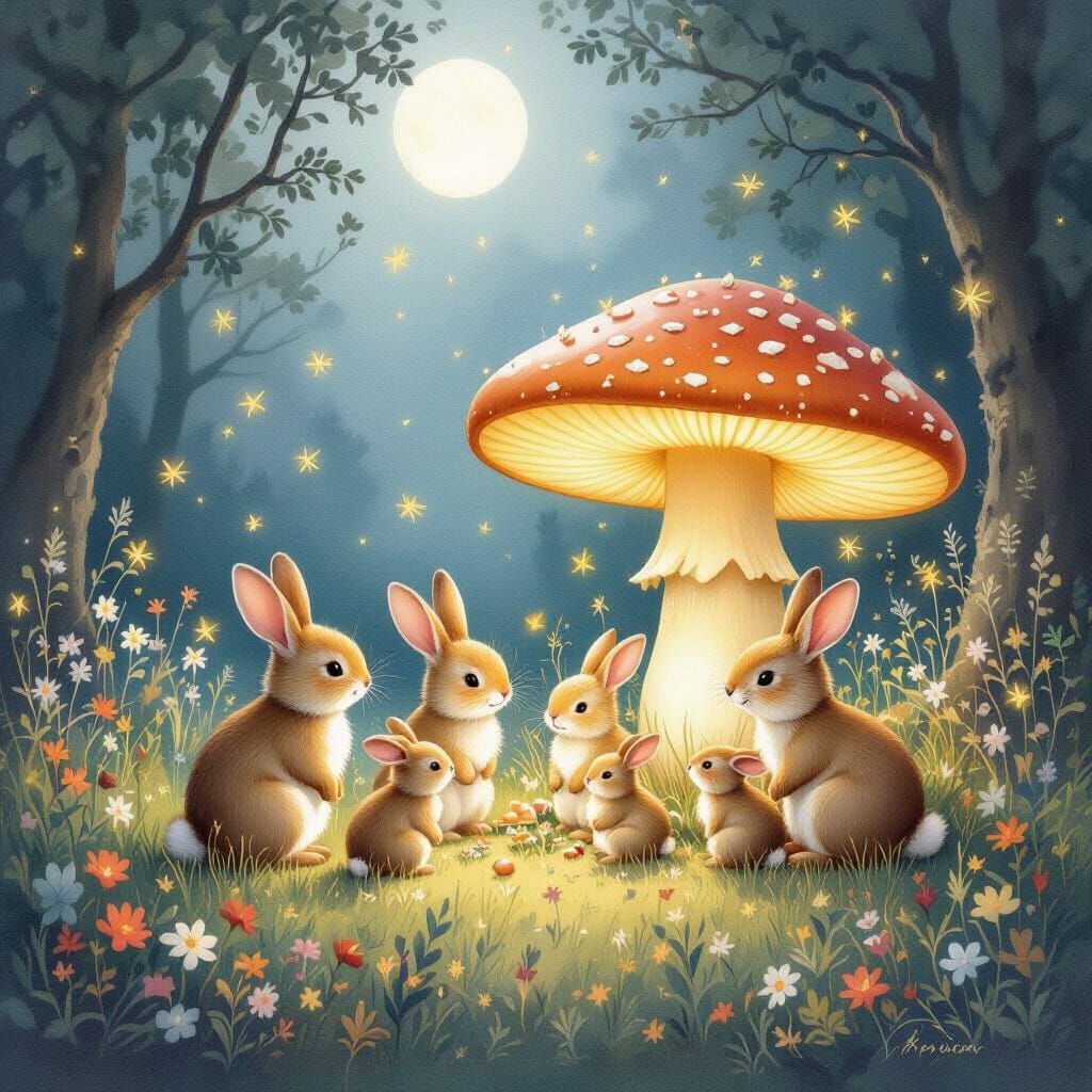 Bunnies & Stoats Gather by Glowing Mushroom in Moonlit Fores...