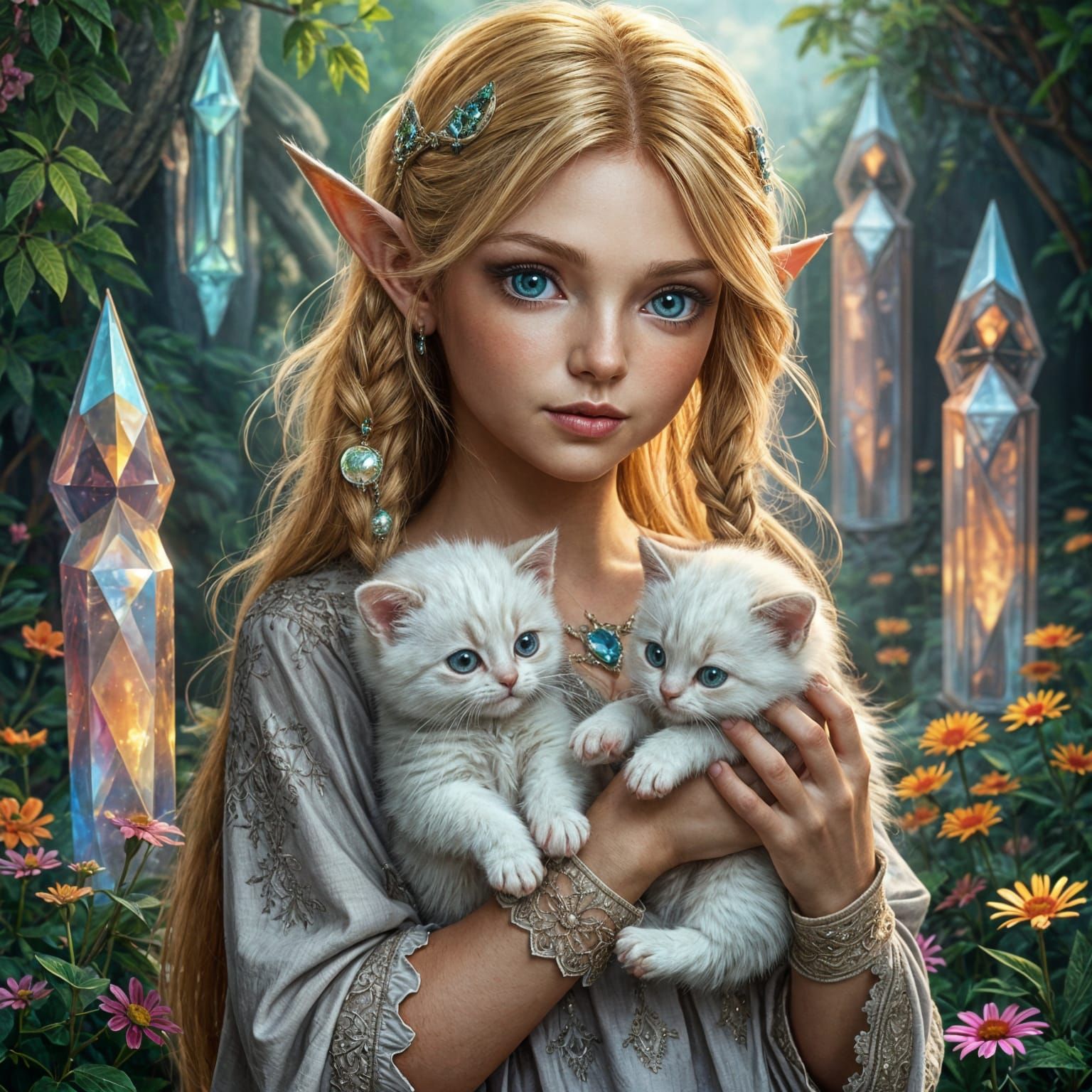 Hyperrealistic Elf Maiden with Whimsical Feline Companions