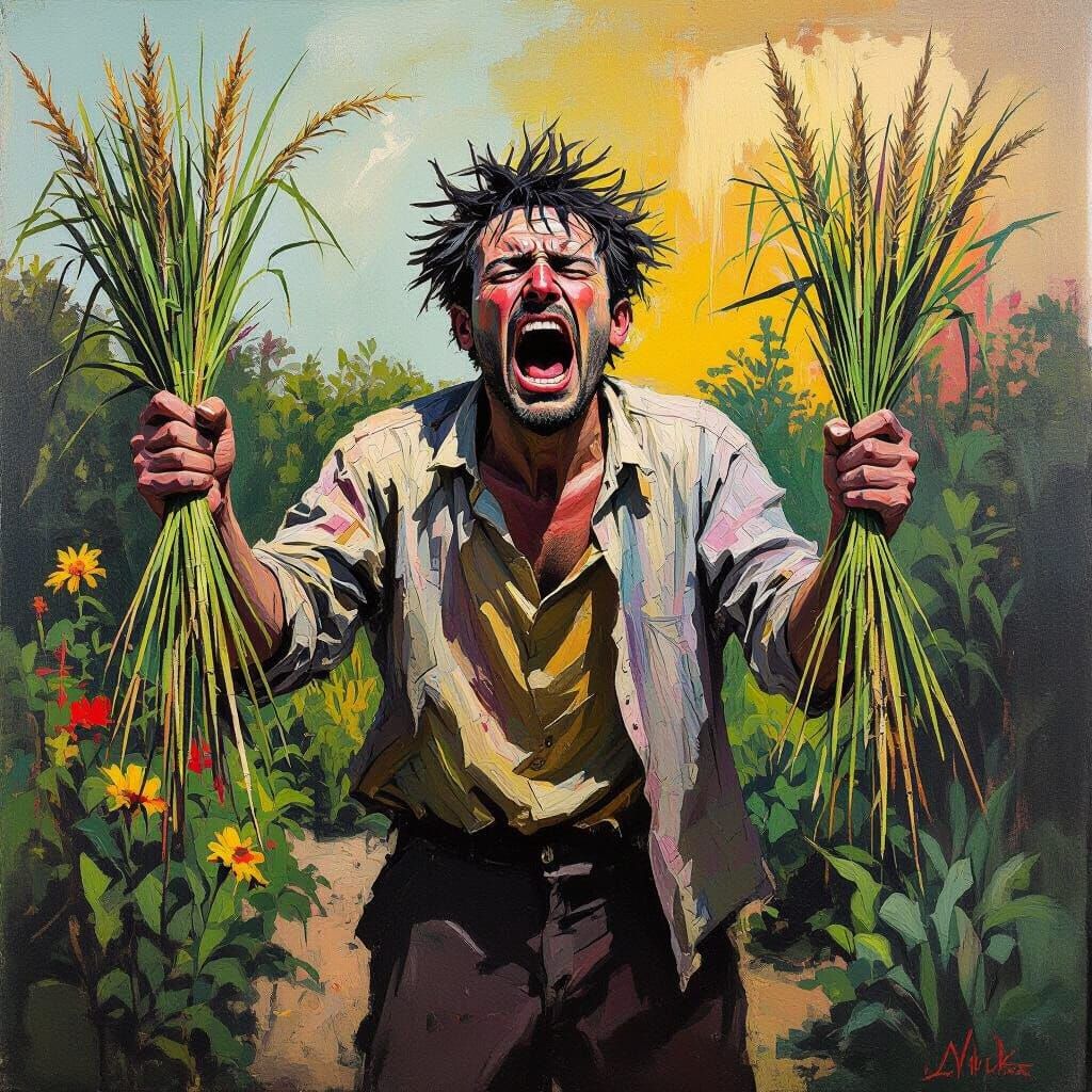 Frustrated Man with Weeds in Abstract Expressionist Style