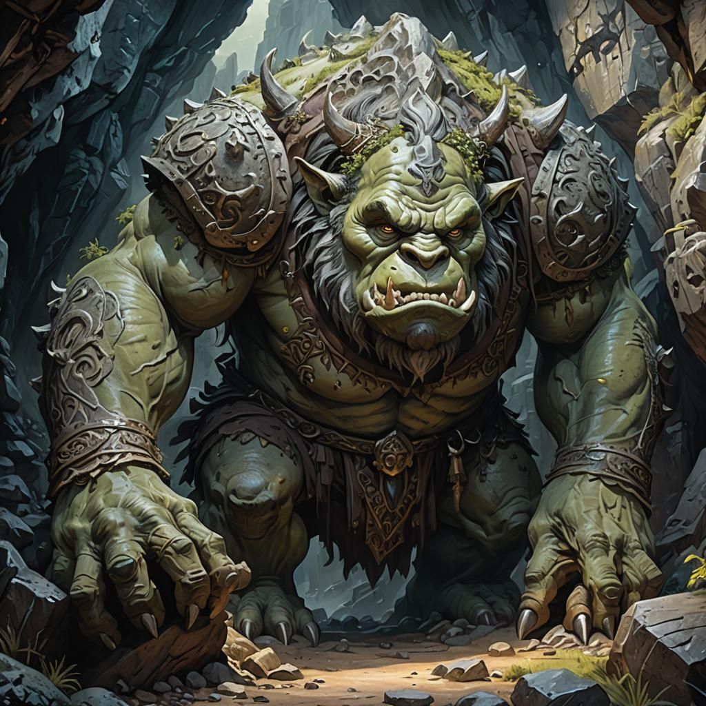 Ogre at Cave Entrance in Moody Oil Painting
