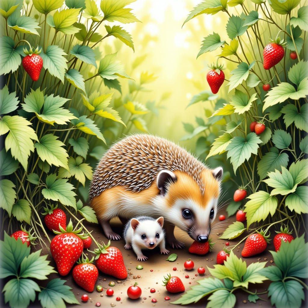 Hedgehog Family in Strawberry Patch: Impressionist Style