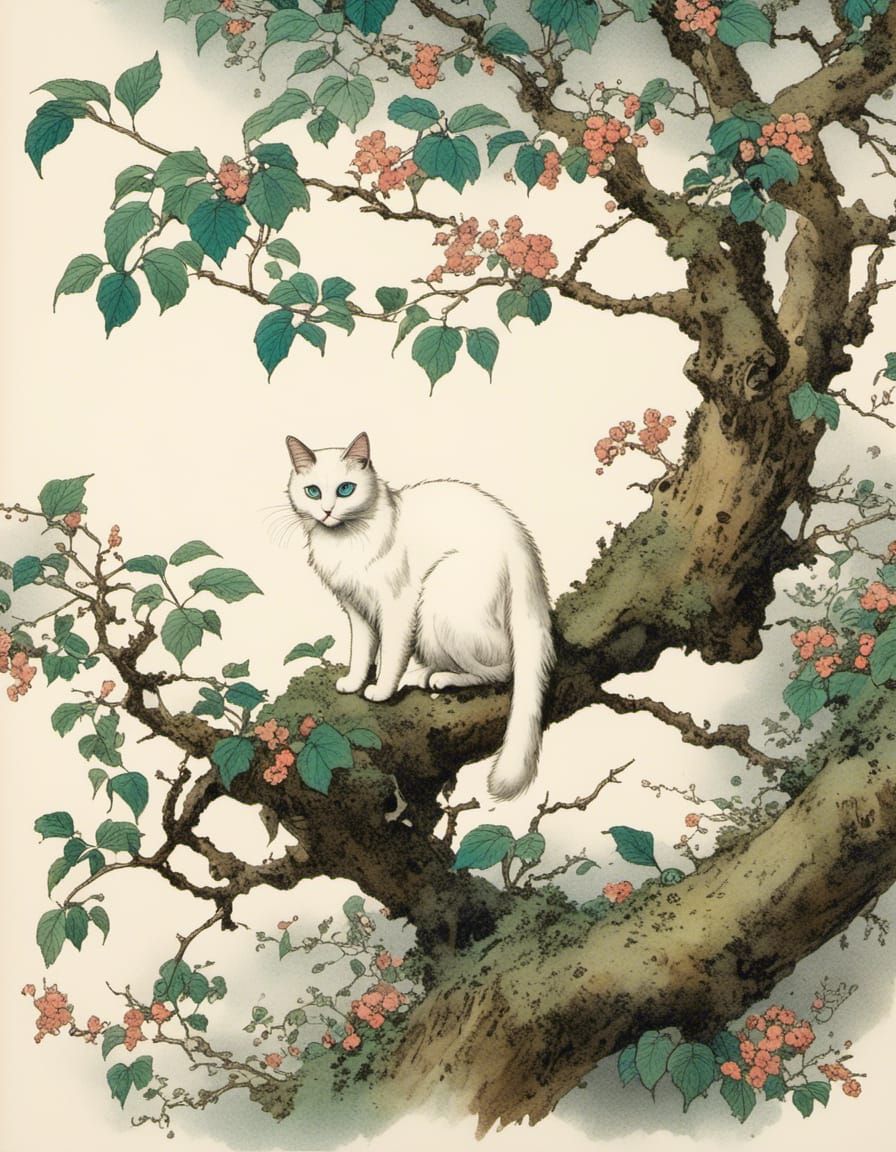 Vintage Ink Drawing of a Fluffy White Cat