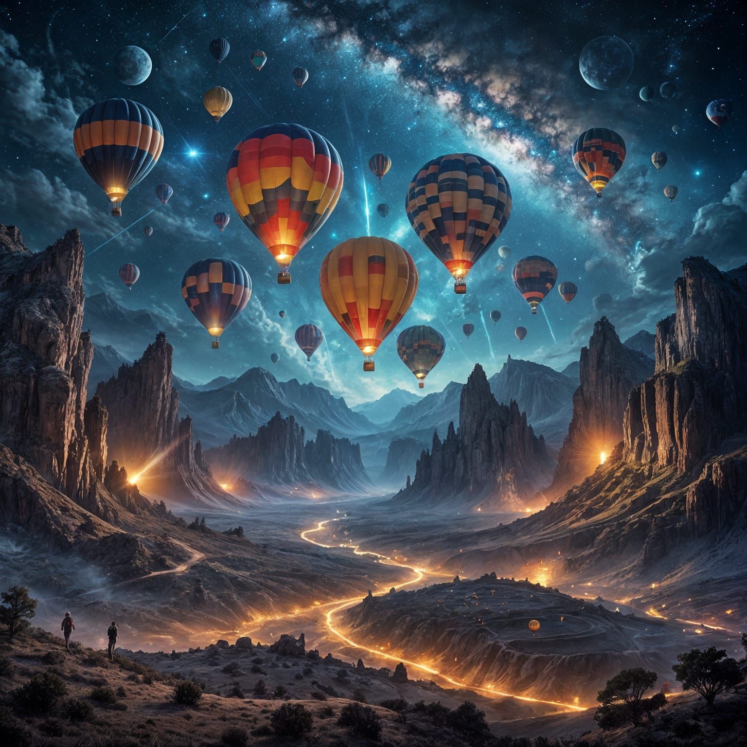 Hot Air Balloons Under Galaxy Sky: Fantasy Art