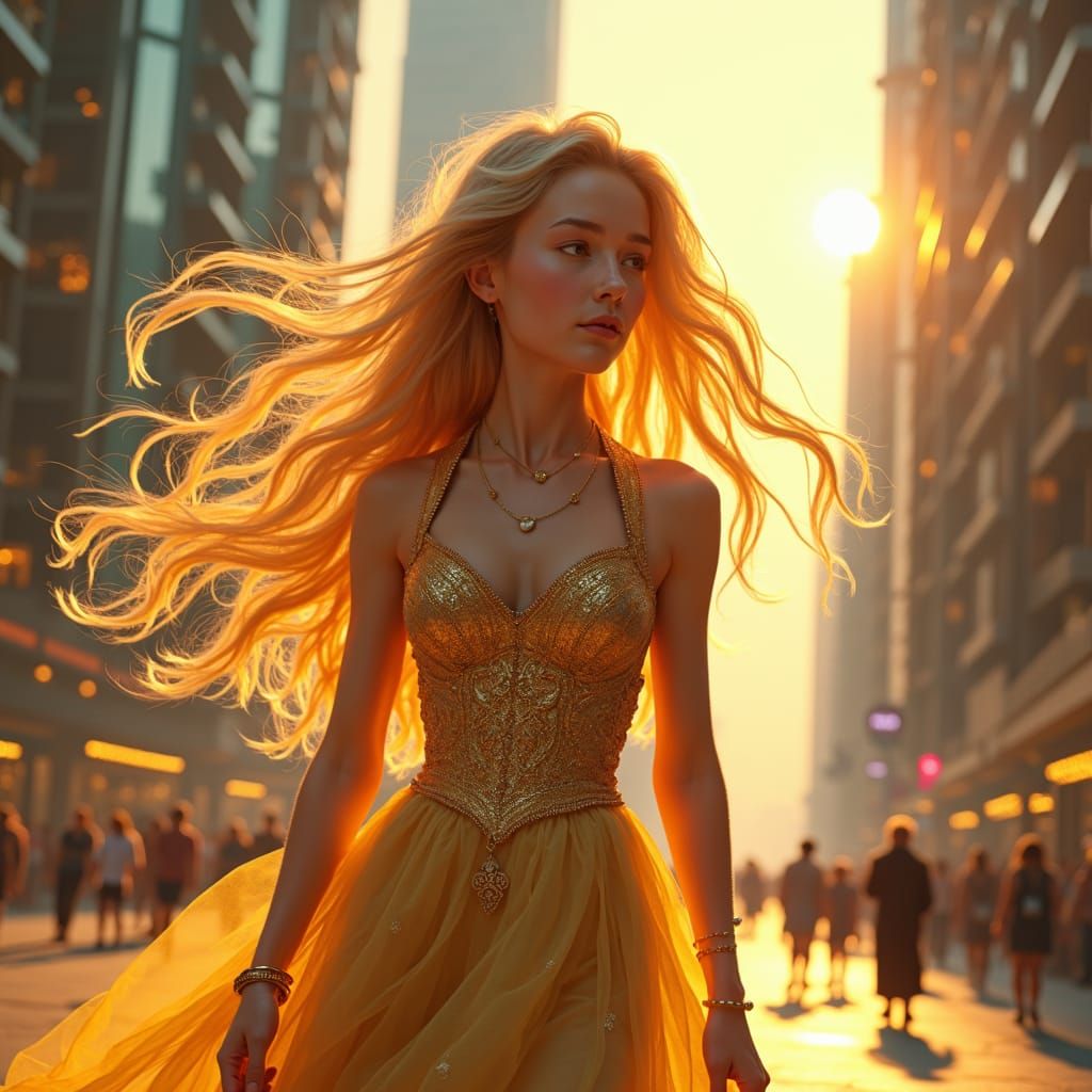 Golden Girl in Cityscape: A Digital Art Masterpiece