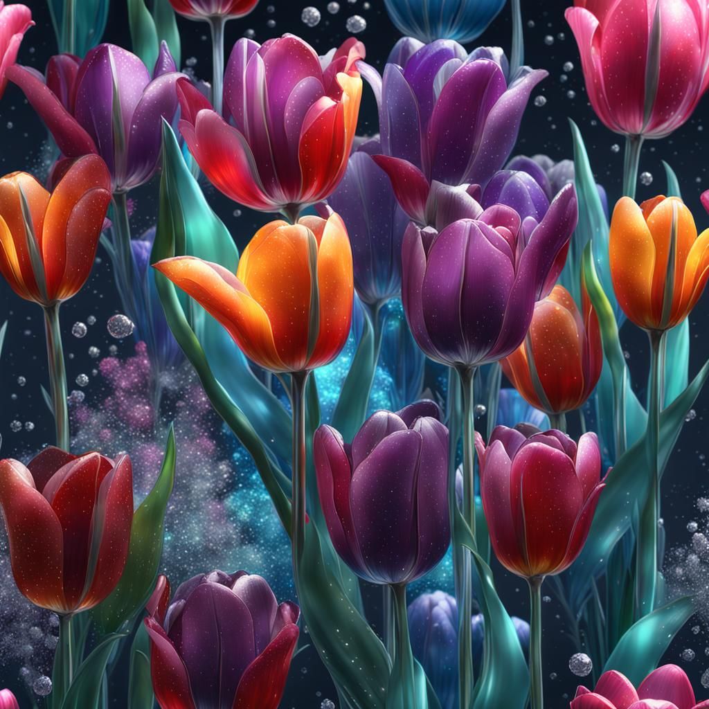 Sparkling Glass Tulips in Maximalist Digital Art
