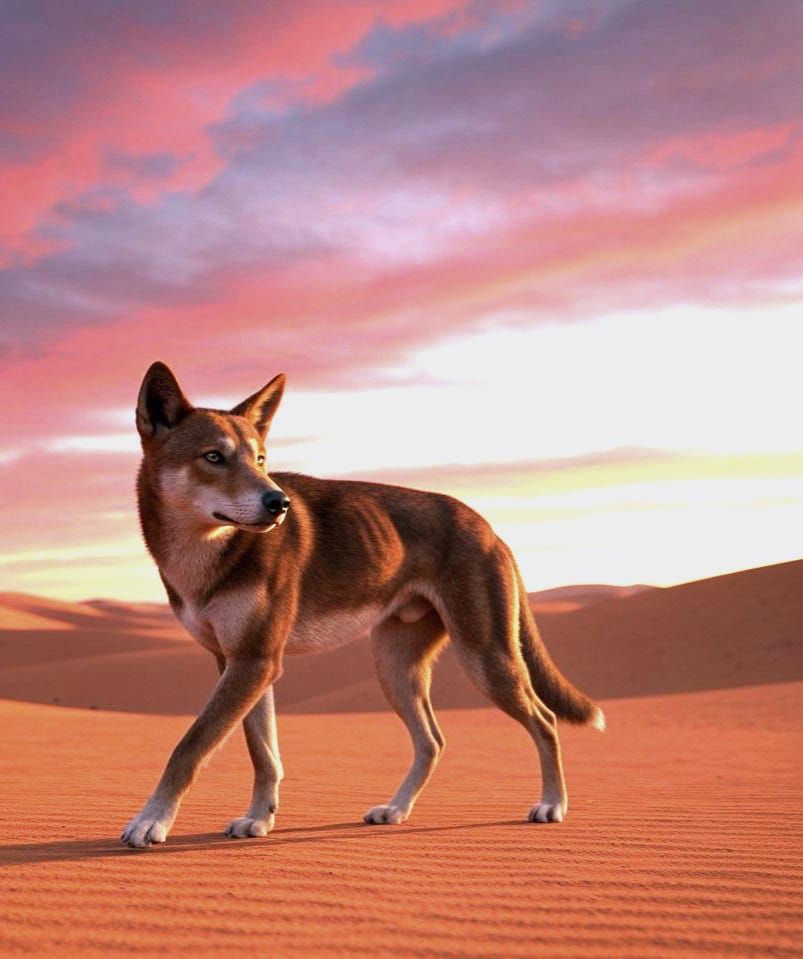Hyperrealistic Dingo in Australian Desert at Sunrise
