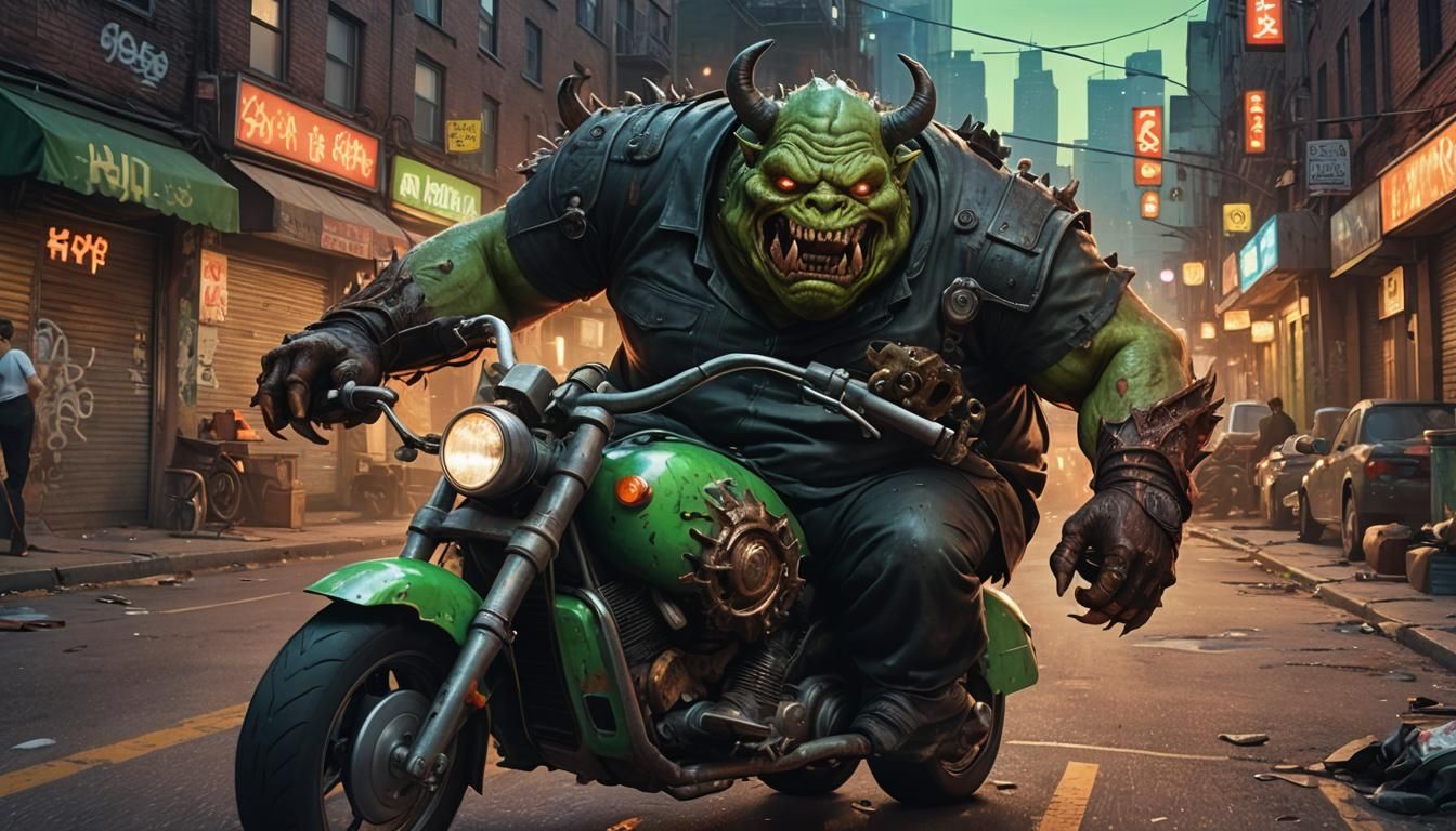 Obese Demon on Moped in Hyperrealistic Concept Art