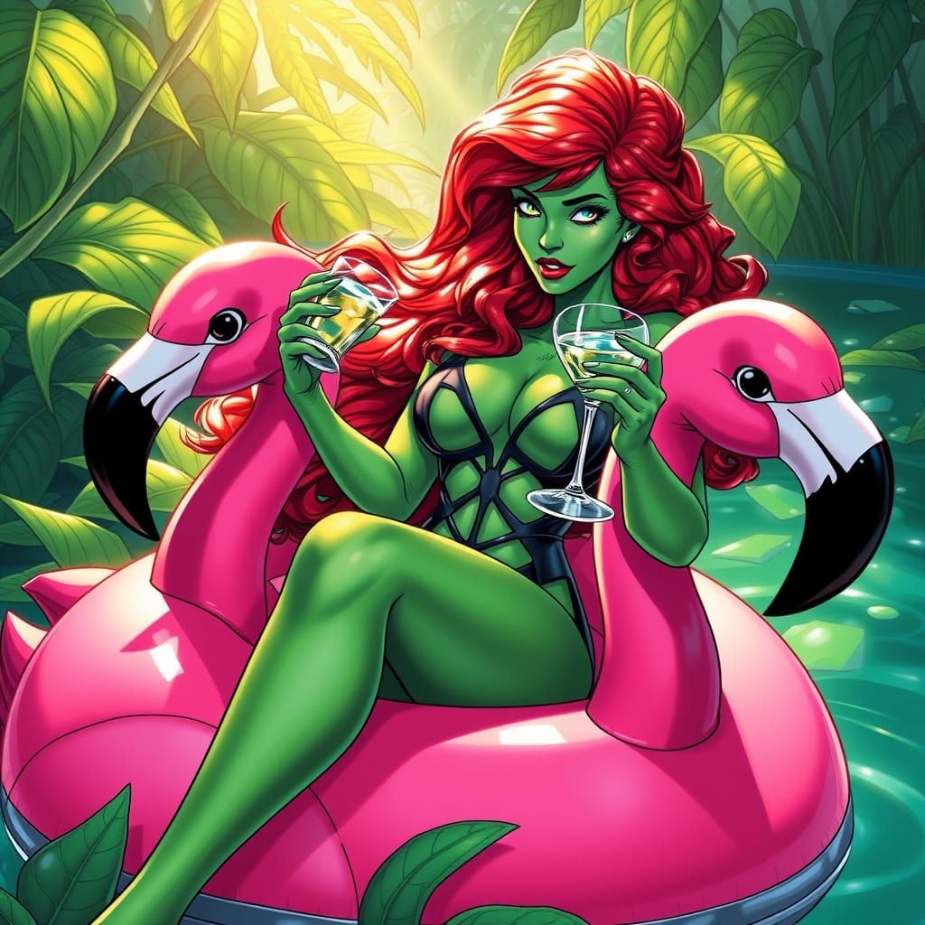 Poison Ivy in Flamingo Floatie Comic Art