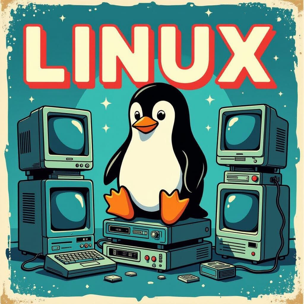 Retro Linux Penguin Poster in Pixel Art Style