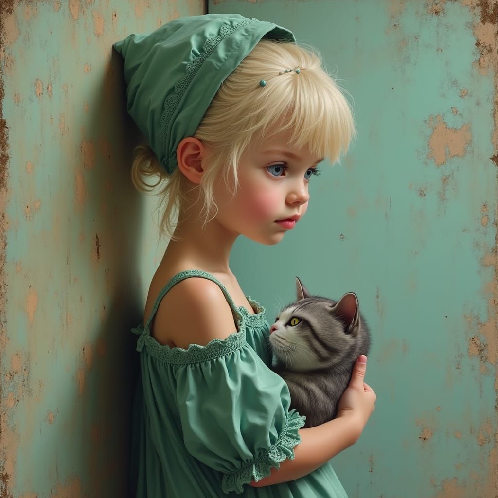 Girl with Kitten in Detailed Realism Style