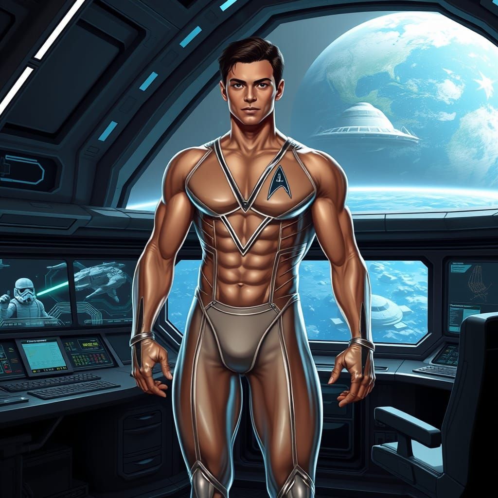 Muscular Gladiator in Futuristic Star Wars Command Center