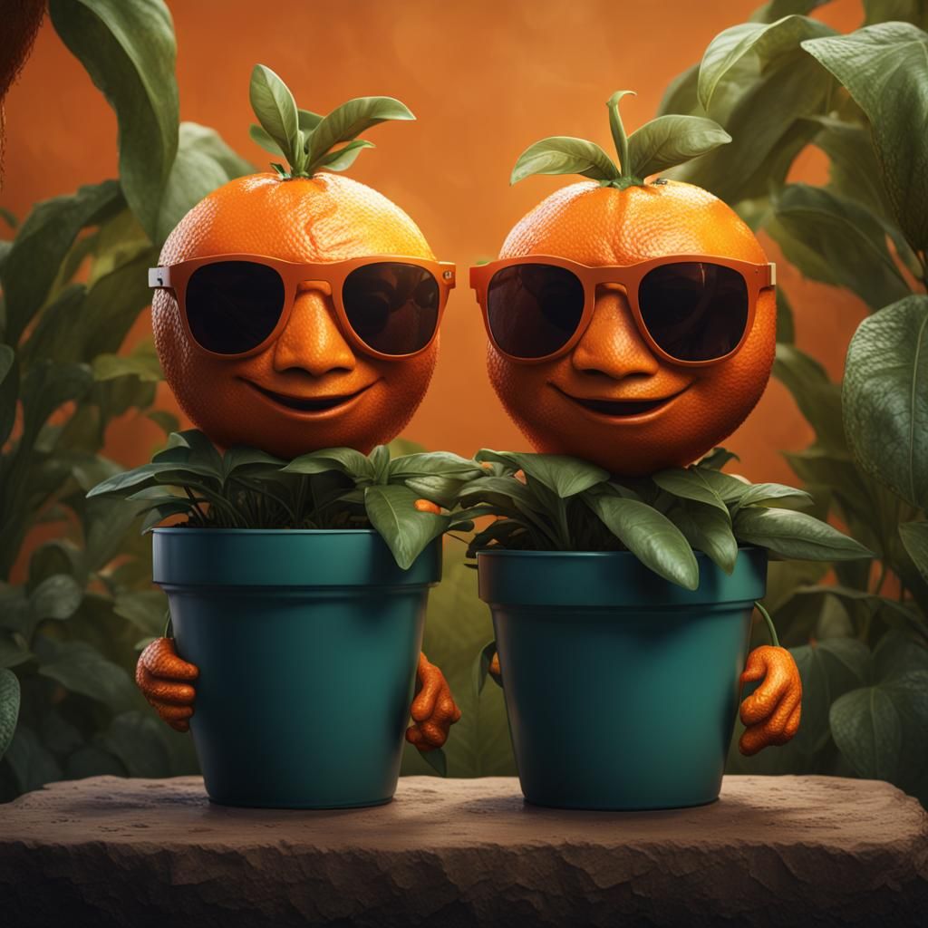 Anthropomorphic Tangerine Twins in a Plant Pot