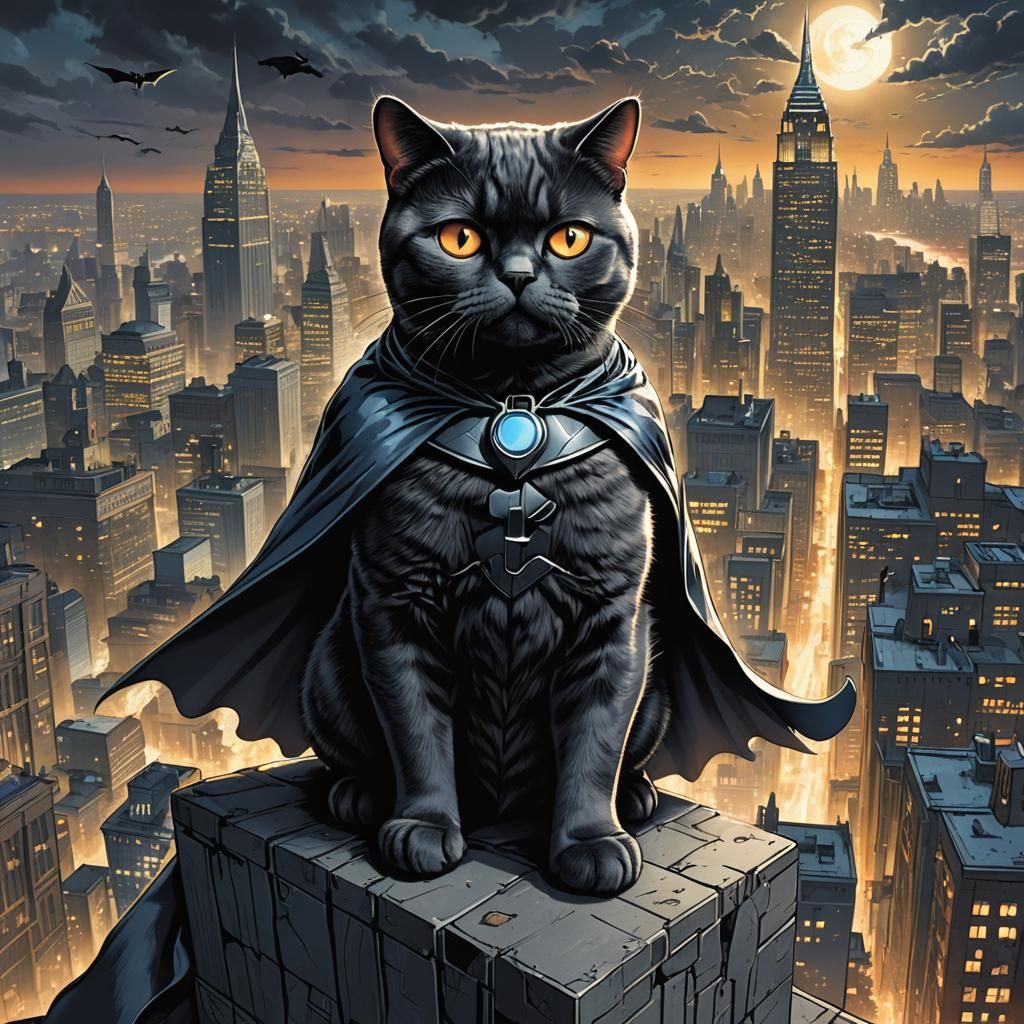 Superhero Cat Over Gotham, Comic Book Art