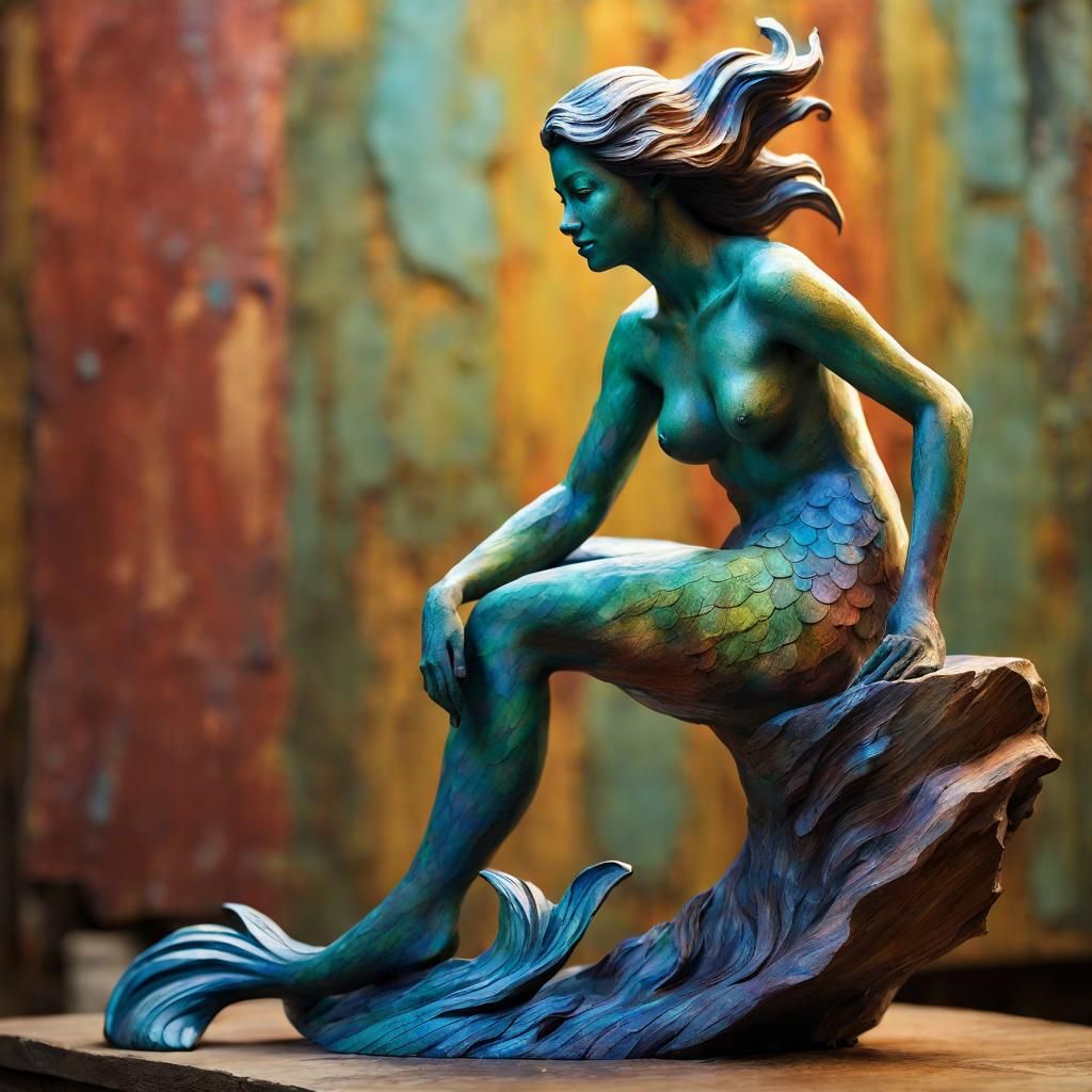 Hyperrealistic Wooden Mermaid Statue with Colorful Details