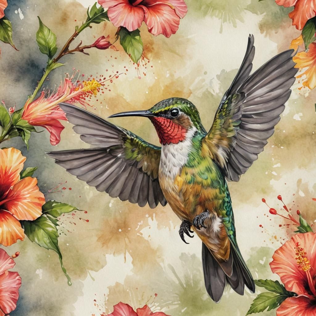Vibrant Hummingbird in Mid-Flight, Sipping from a Hibiscus