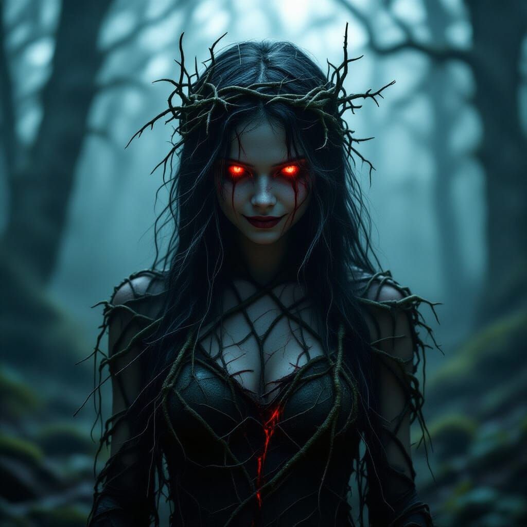 Demonic Child of Thorny Vines in Eerie Forest