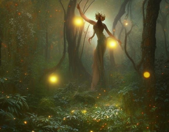 Mysterious Enchanted Forest with Electric Butterflies