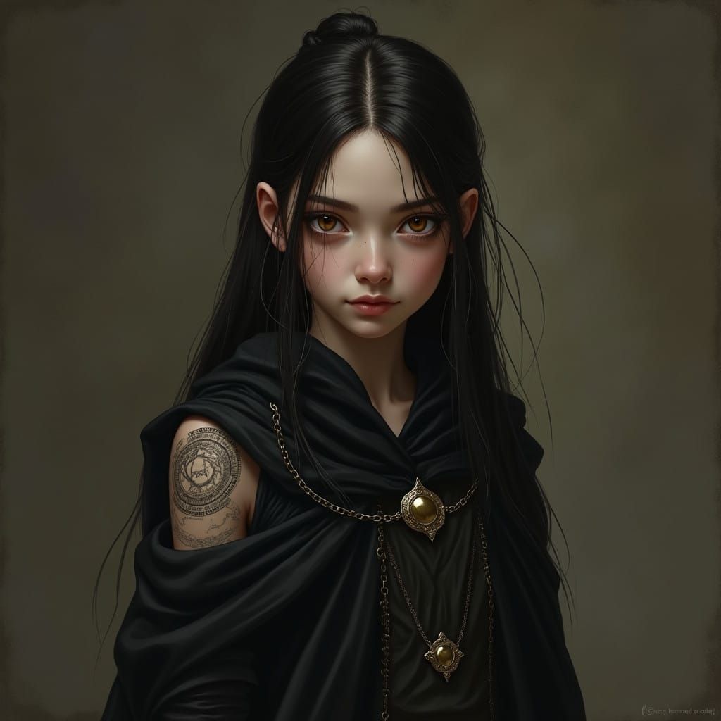 Enigmatic Young Woman with Amber Eyes and Mysterious Symbols