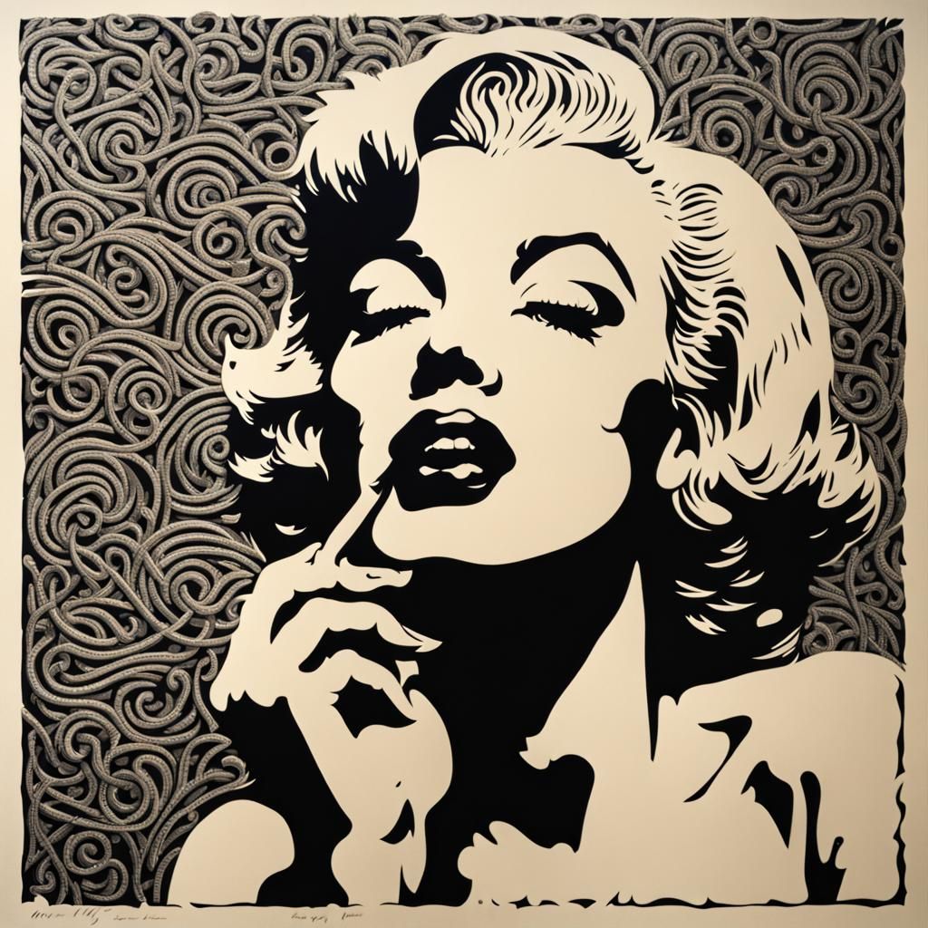 Marilyn Monroe Linocut Print with Intricate Smoke Patterns