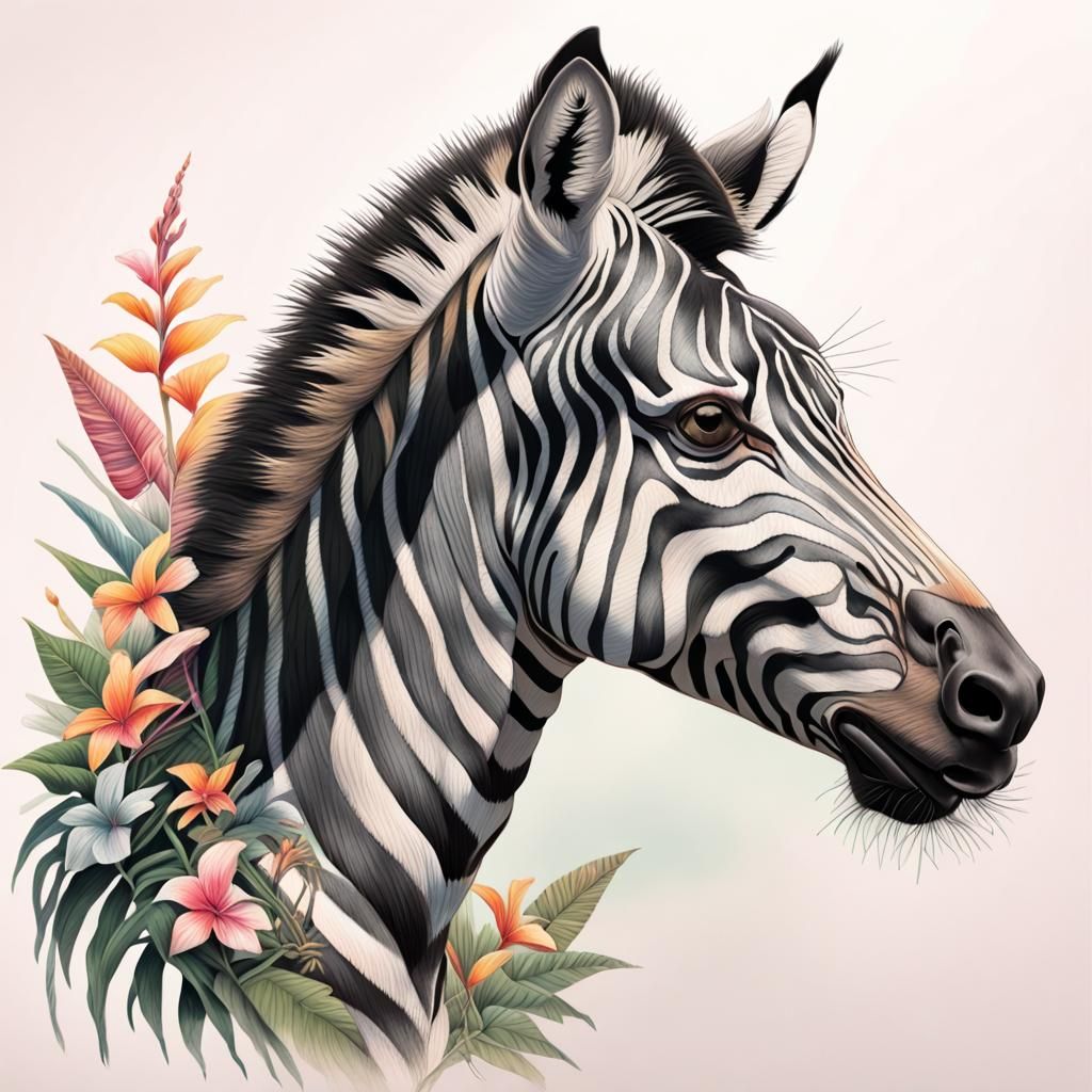 African Zebra Portrait with Tropical Foliage