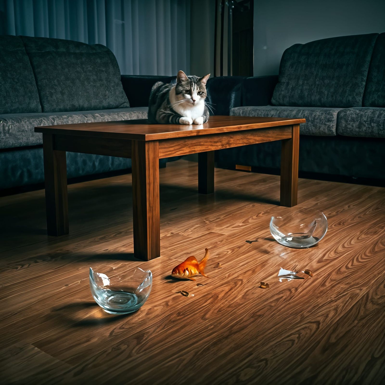 Guilty Cat Looks Down at Smashed Goldfish Bowl