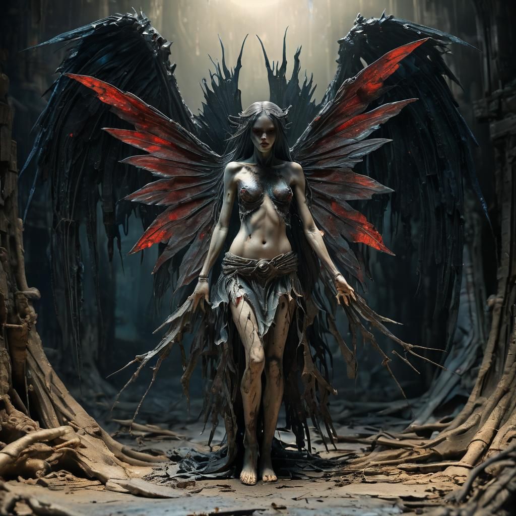 Frightened Angel in Dark Fantasy Horror Scene