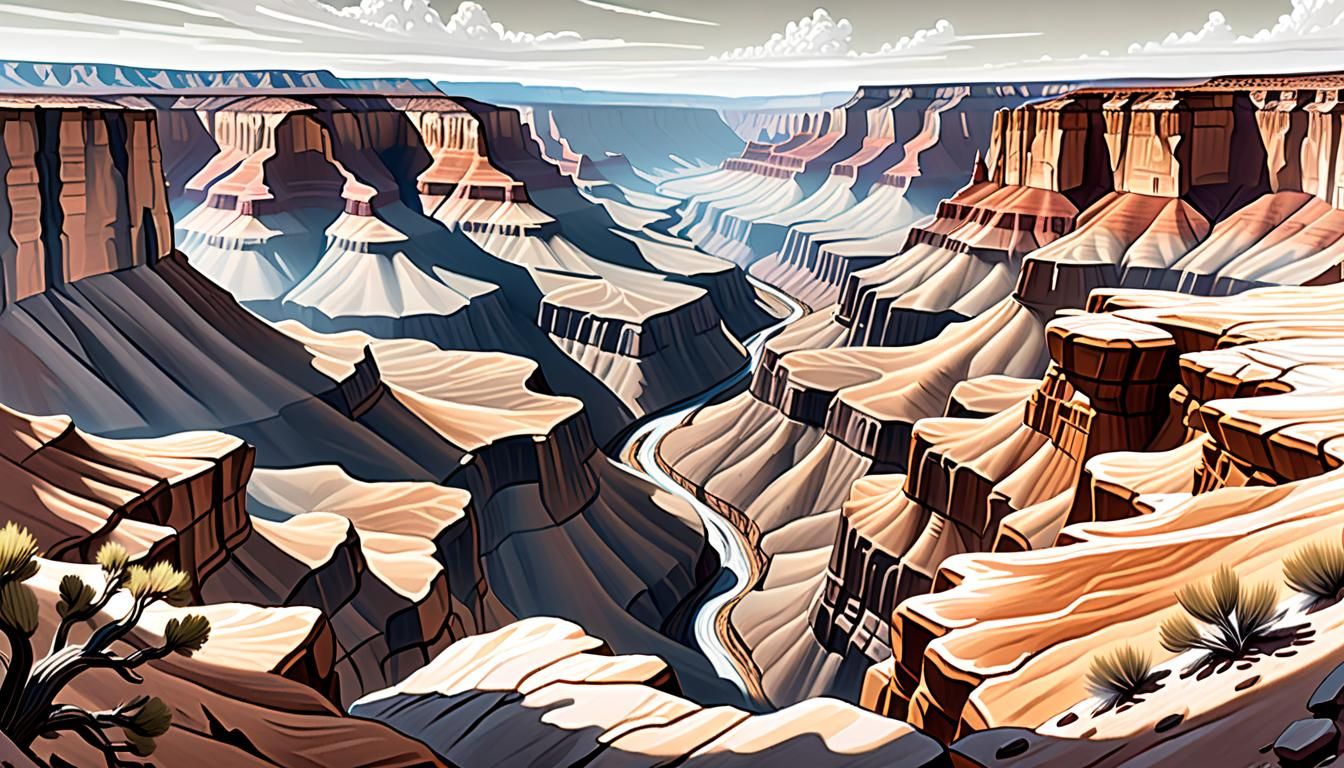 Expansive Canyon Landscape Drawing in Earth Tones