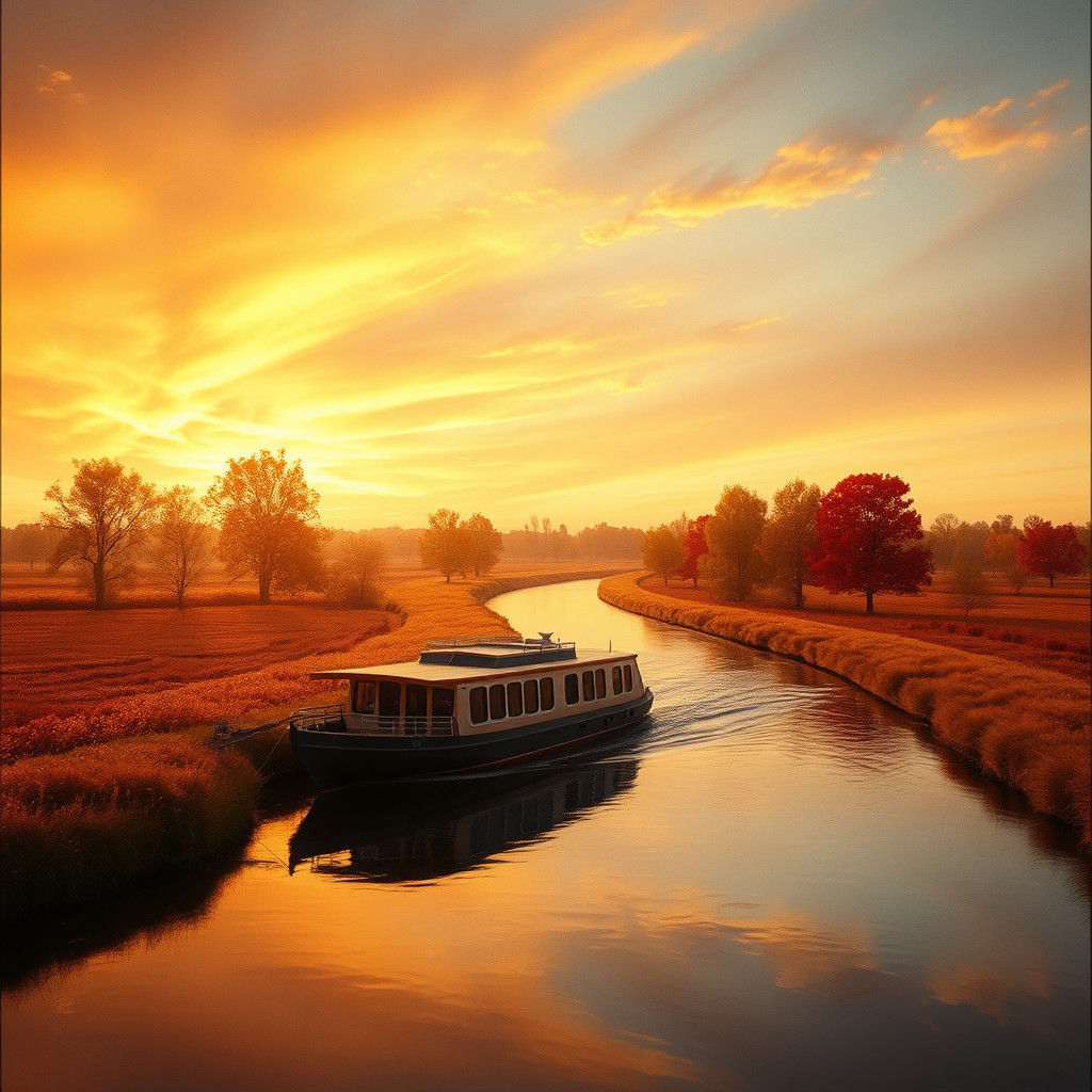 Houseboat on Canal at Sunset: Cinematic Photorealism