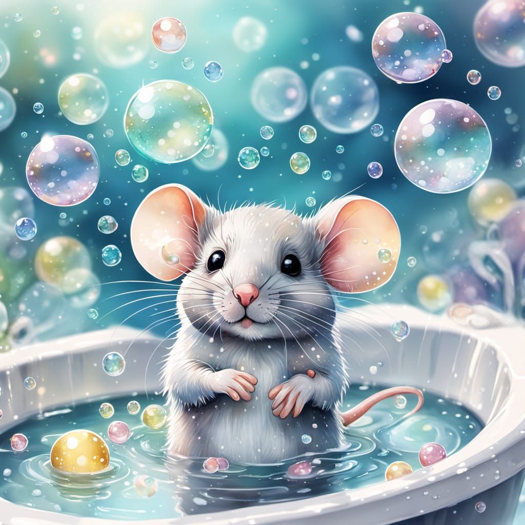 Mouse in Bubble Bath: Whimsical Watercolor Illustration