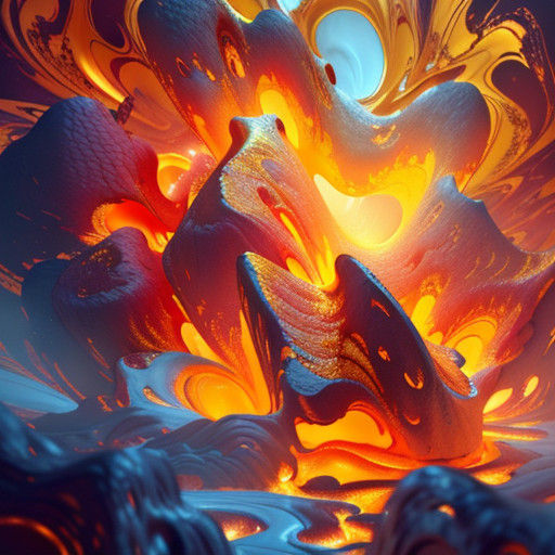 The scene is bathed in warm, golden lighting that emits a soft, ethereal glow as if sourced from the lava itself. The hi...