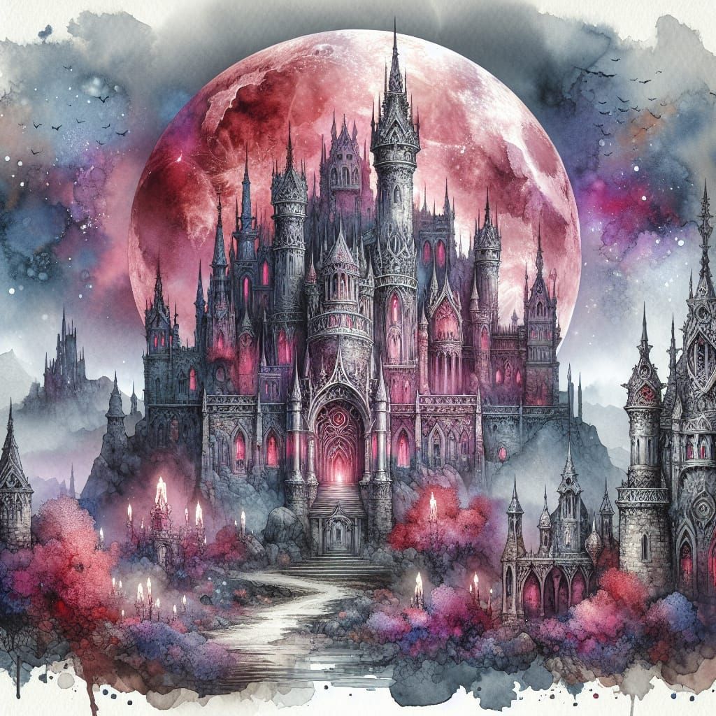 Gothic Castle Under Crimson Moon: Watercolor Illustration
