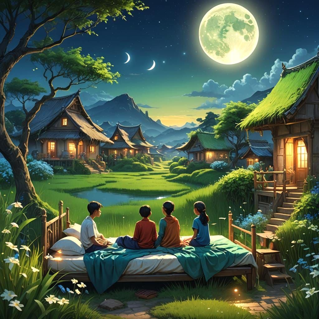 Family Smiles Under Blue Moon in Dreamy Village