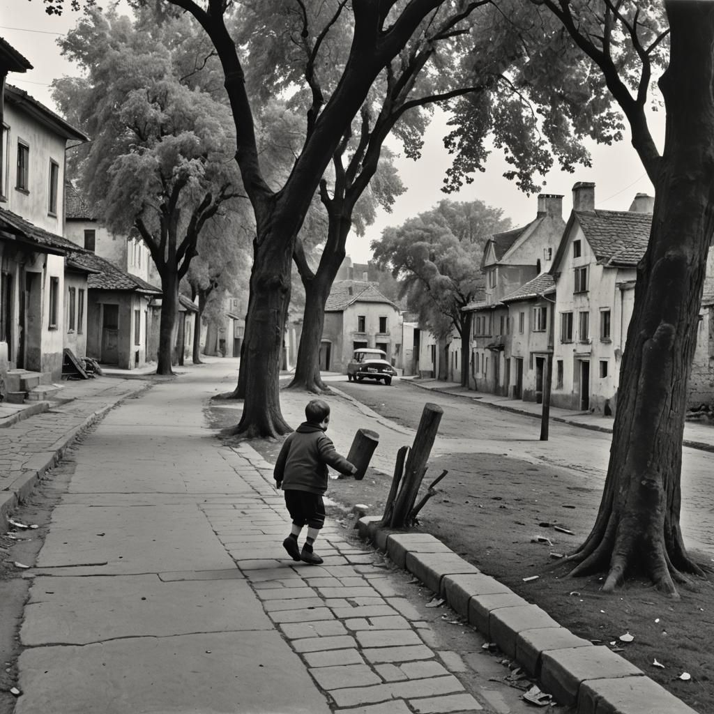 Boy Plays in Street: 1950s Black and White