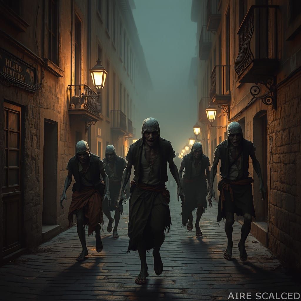 Undead Zombies in 18th Century Old Town, Dark Surrealism