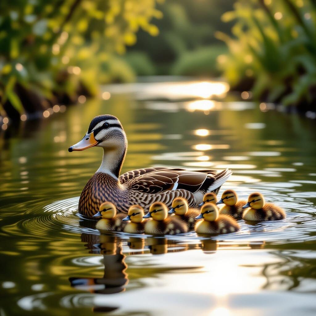 Mother Duck and Ducklings Serene River Swim