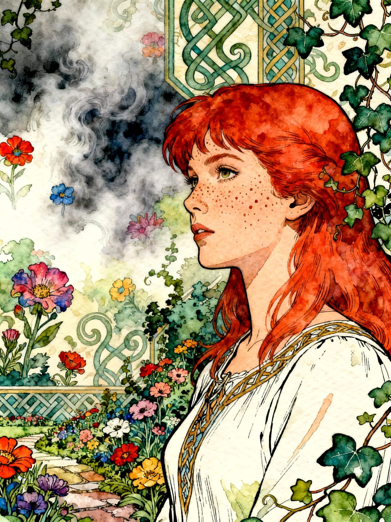 Freckled Woman in Surreal Garden as Watercolor Painting