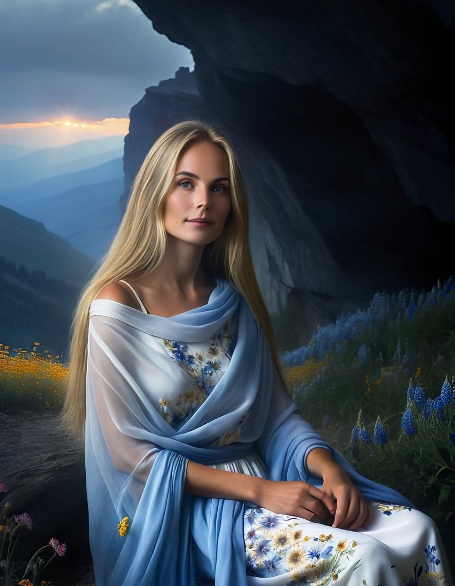 Ethereal Woman in Misty Cavern: Chiaroscuro Oil Portrait