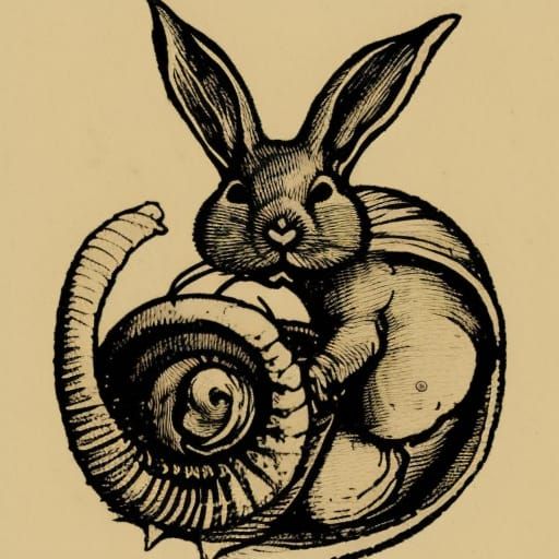 Medieval Rabbit Jester in Snail Shell Woodcut