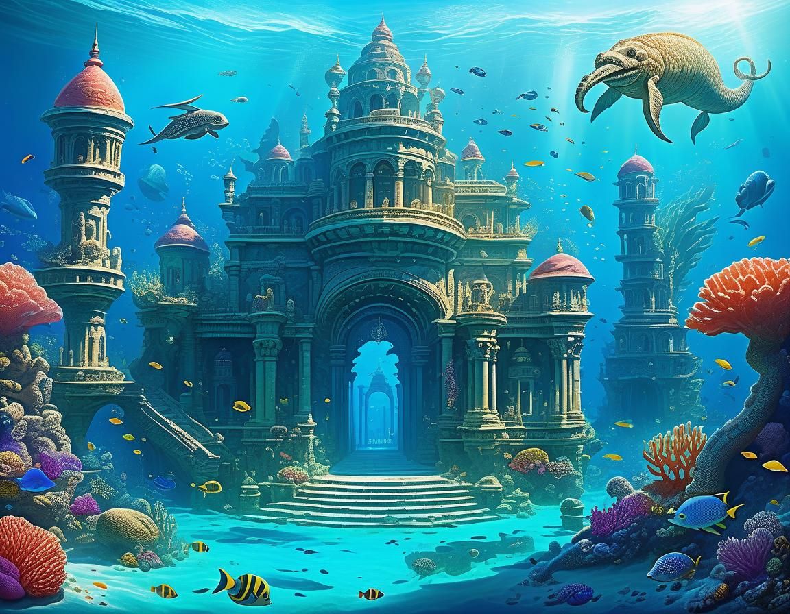 Sunken Ancient City with Merfolk and Sea Serpent